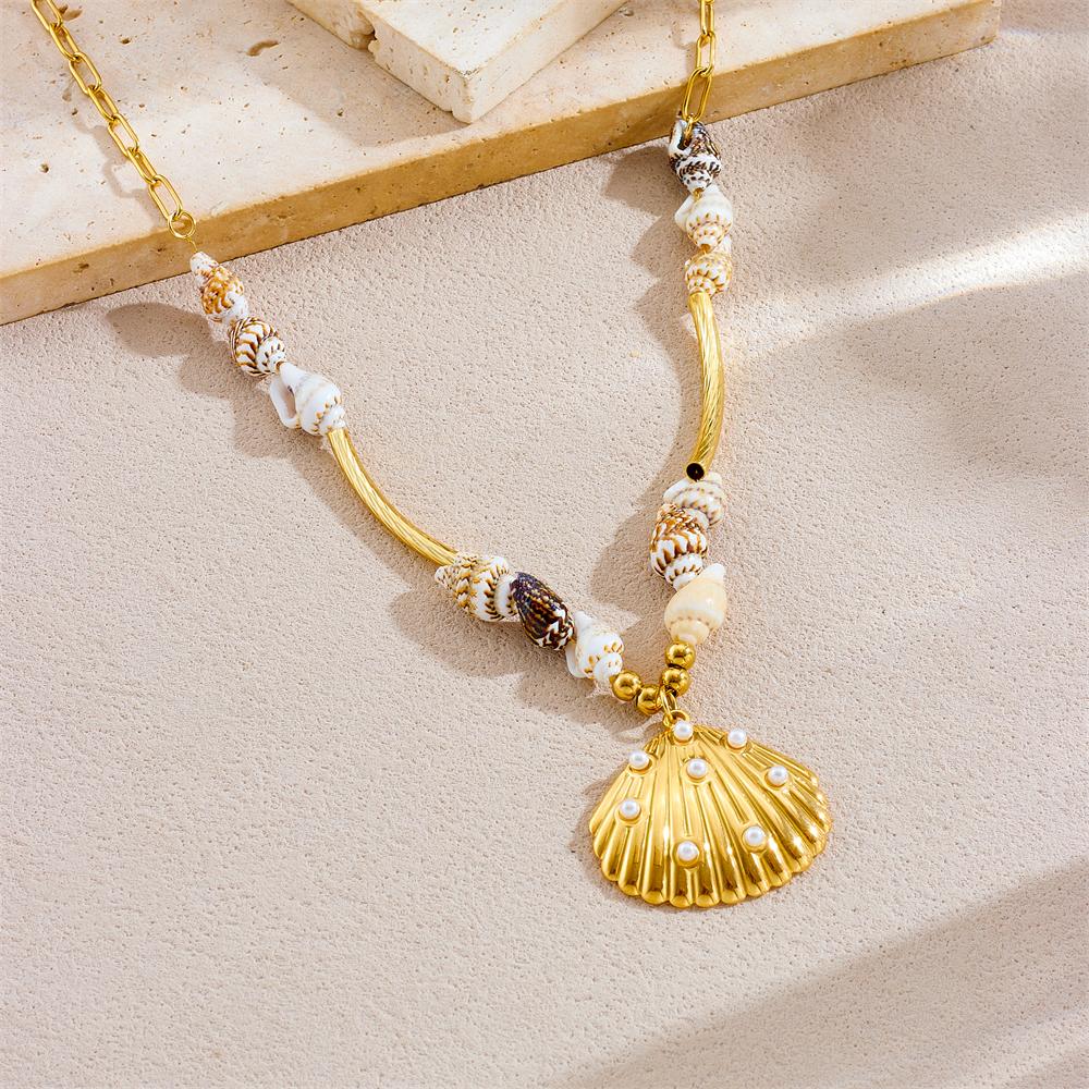 DIEYURO 316L Stainless Steell Conch Pearl Inlaid With Golden Scallop Pendant Necklace For Women Neck Chain Jewelry Holiday Gift