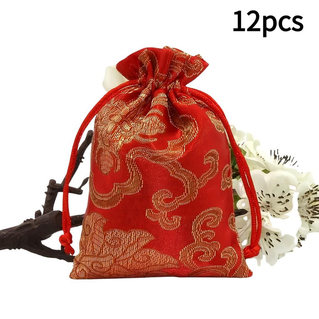 12pcs Traditional Chinese Jewelry Pouches with Drawstring-Multi-Layer Portable Brocade Bags for Beads&Bracelets,Decorative Pouch