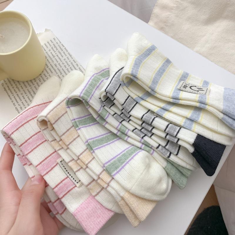 Cartoon Smiley Face Cloth Label Thin Breathable Socks Striped Casual Pile Socks