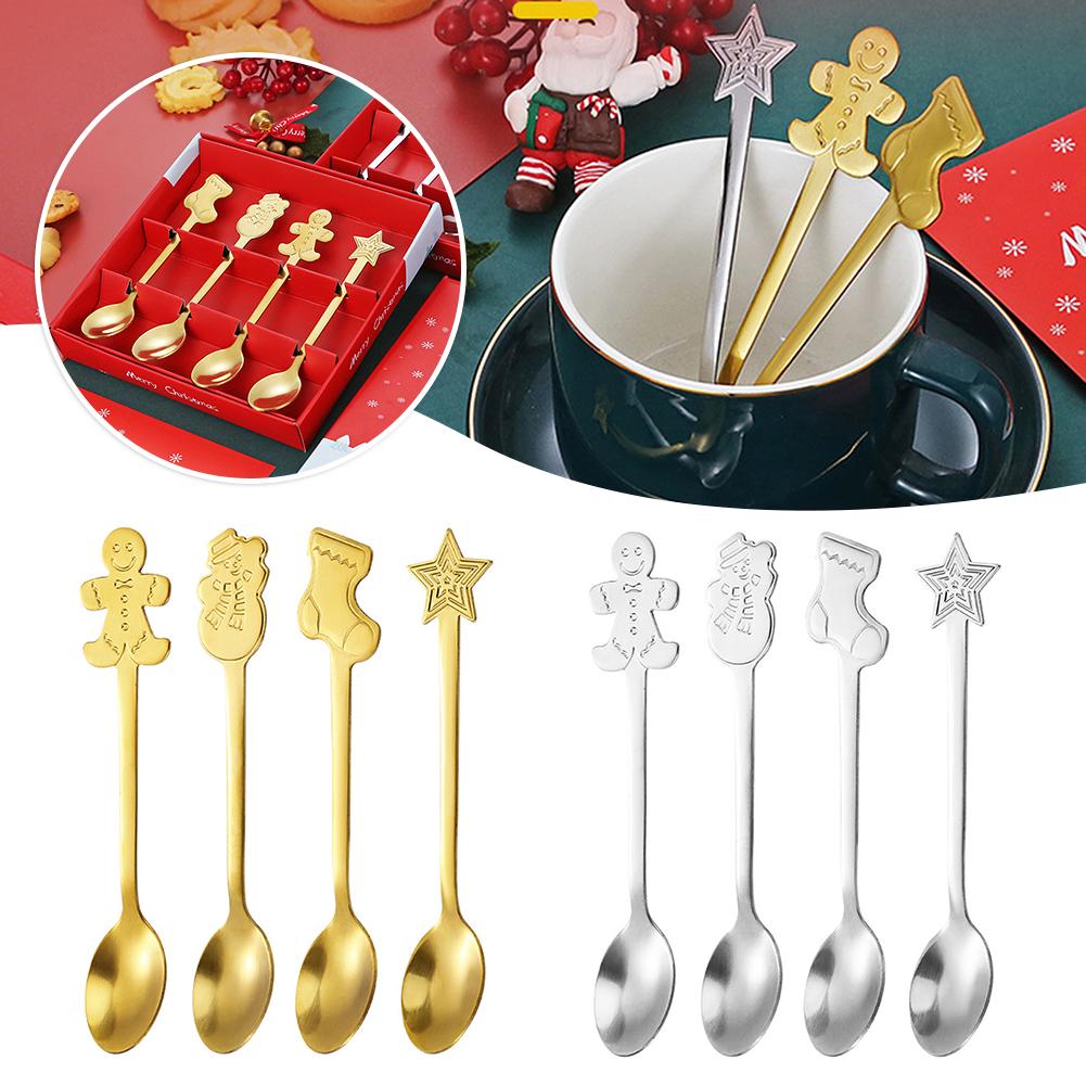 4pcs Dessert Spoon Xmas Cutlery Kits Food Grade Mirror Polished Stainless Cutlery Festival Fun Reunion Decoration For Christmas