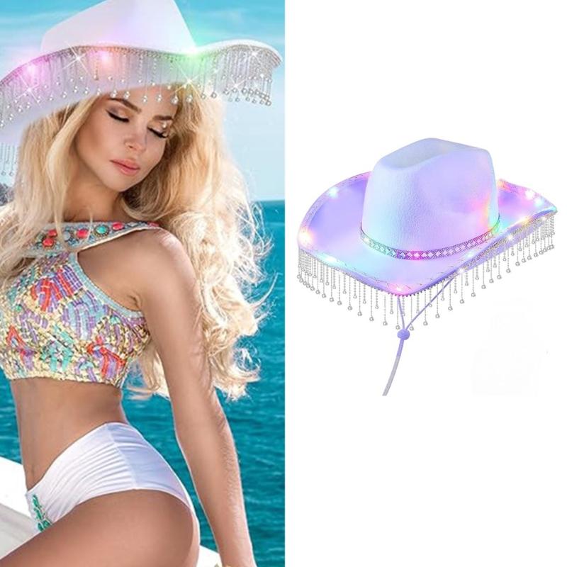 Cowboy Hats Glowing Panama Hat for Disco House Cocktails Parties Vacation Sparkly Strass Glowing for Comedian Actor