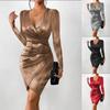 BITCED Women's Long Sleeve Sexy Hip Fashion V-Neck Slit Solid Colour Dresses