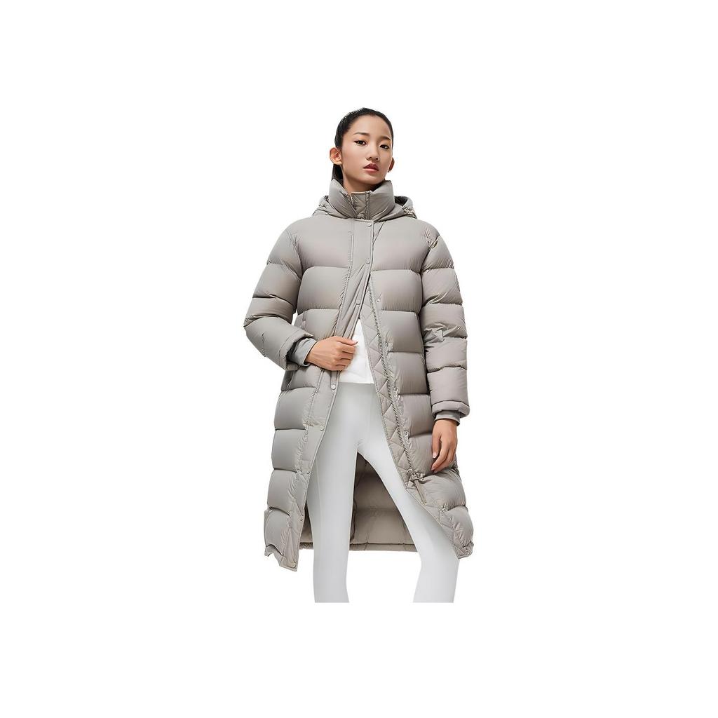 Li Ning Fitness Series Solid Color Long Hooded Sports Down Jacket Women outerwear Gypsum-Gray AYMT088-2