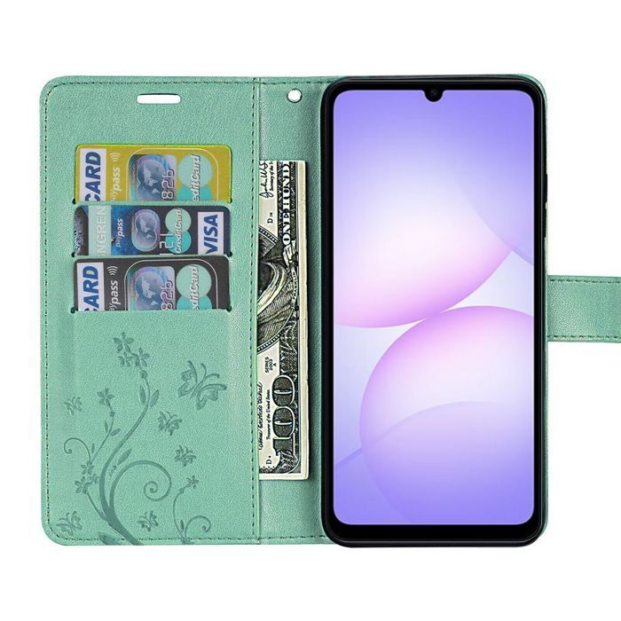 Coque de Protection - BOOLING - Samsung Galaxy A07 - Effet Cuir Vert Motif Papillon - 2 Verre Trempé