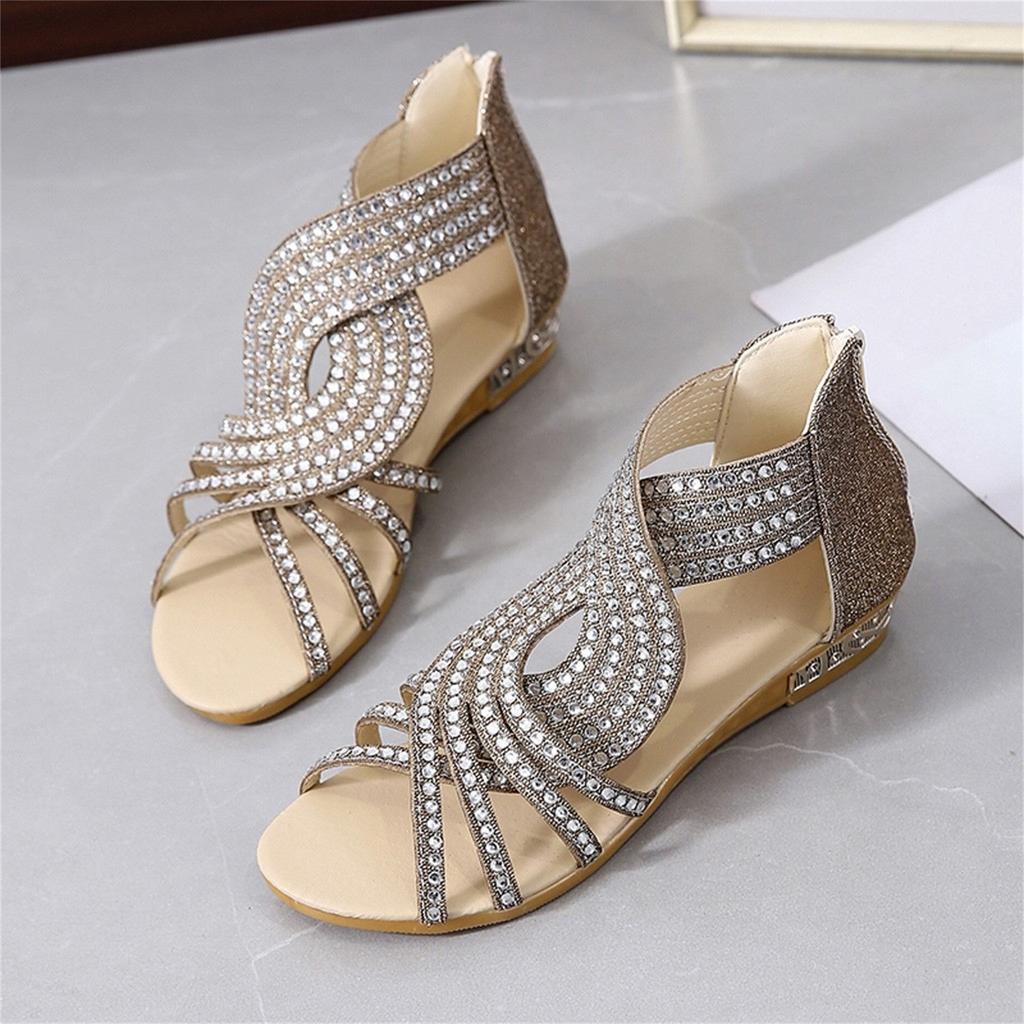 Sandals Women Women'S Ladies Fashion Vintage Crystal Outdoor Hollow Out Zip Up Sandals Shoes Womens Sandals Pu