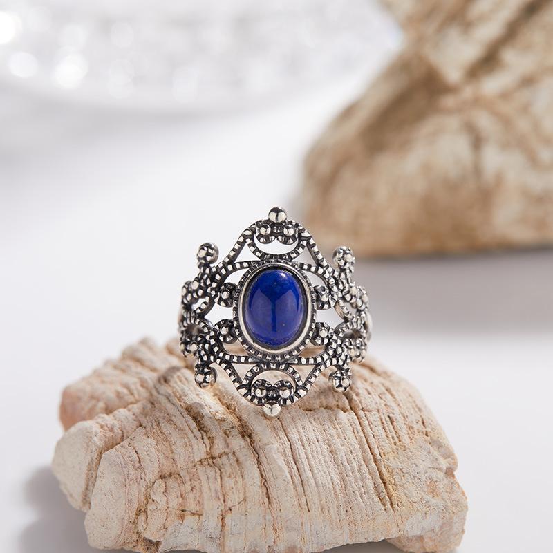 S925 Retro Thai Silver Natural Colored Treasure Ring, Personalized Hollow Lace Pattern Adjustable Open Index Finger Couple Ring