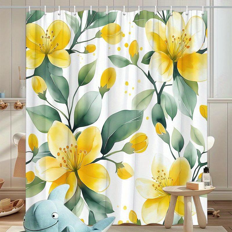 1Pc Seamless Yellow Floral Pattern Shower Curtain, Polyester Fabric, Machine Washable, Suitable For Bathroom Decoration