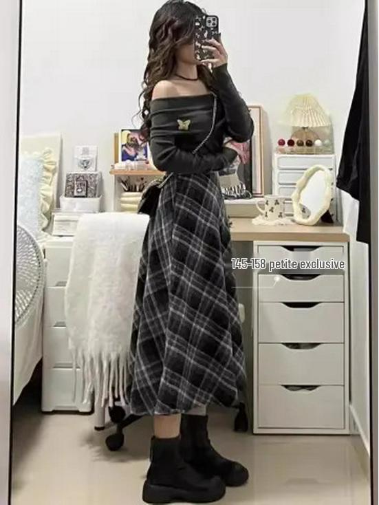 Woolen Elastic Waist Zipper Pleated Retro A-Line Mid-Length Hip-Hugging Skirt for Spring, Autumn, Winter