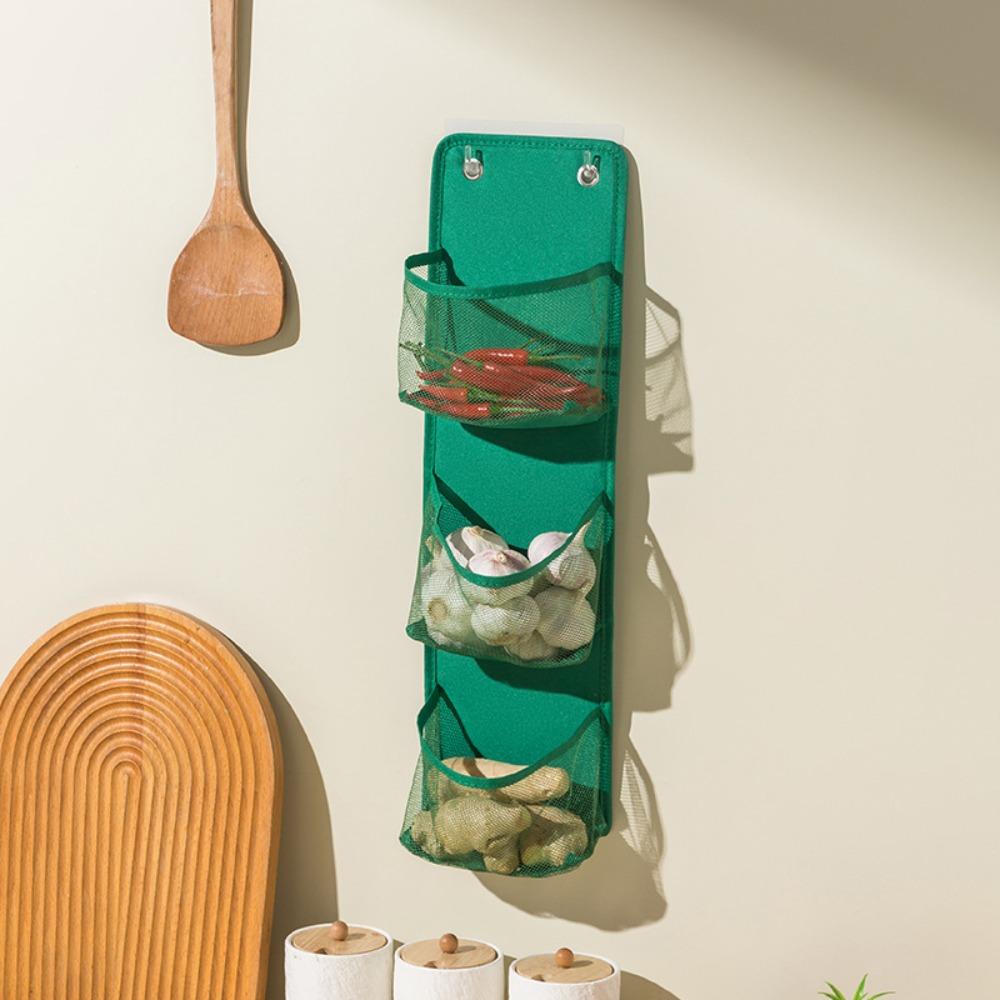 

Large Capacity Wall Mounted Basket No Drill Seasoning Sorting Bag Mesh Storage Basket Closet Door 3 Layer Green