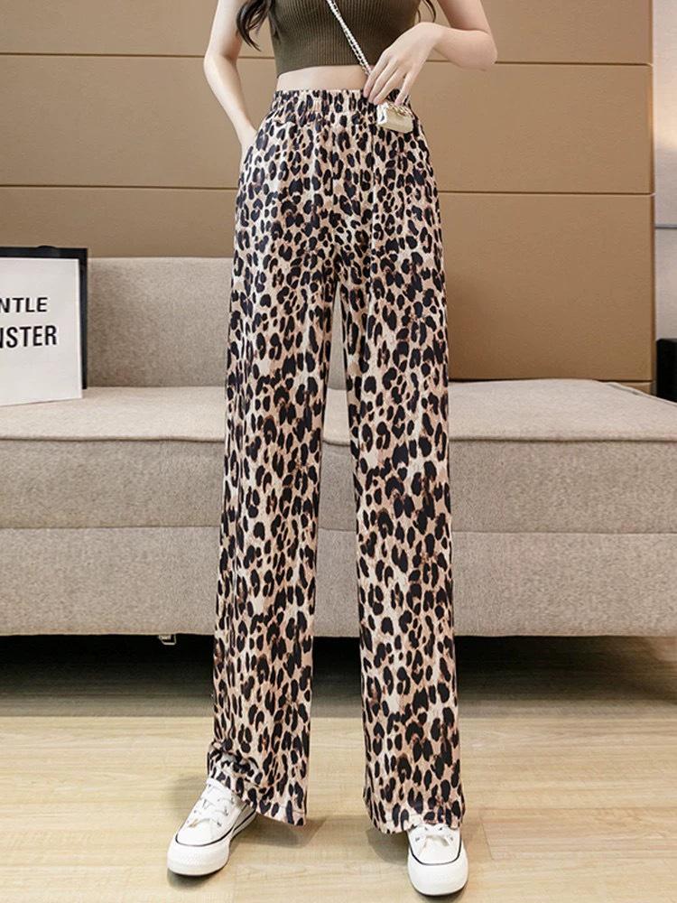 2024 Women's Ice Silk Leopard Print Wide-Leg Pants, High Waist, Drawstring, Draped Cool Style