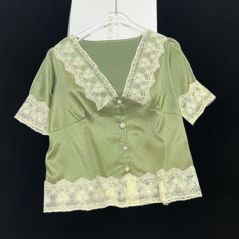 Lace Beads Button Elegant Classy Women's Pajamas Short Sleeve Shorts Bubble Sleeves Housewear  Summer Casual