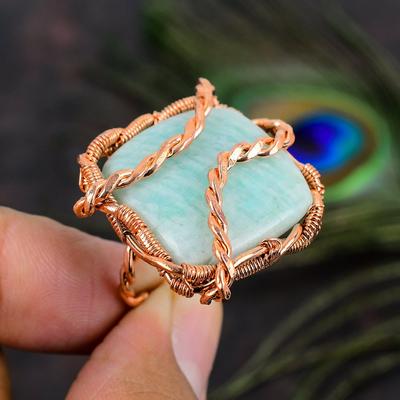 Gema de Amazonita Natural Envuelto a Mano con Alambre de Cobre Anillo de Regalo Talla 8.5 J4b24