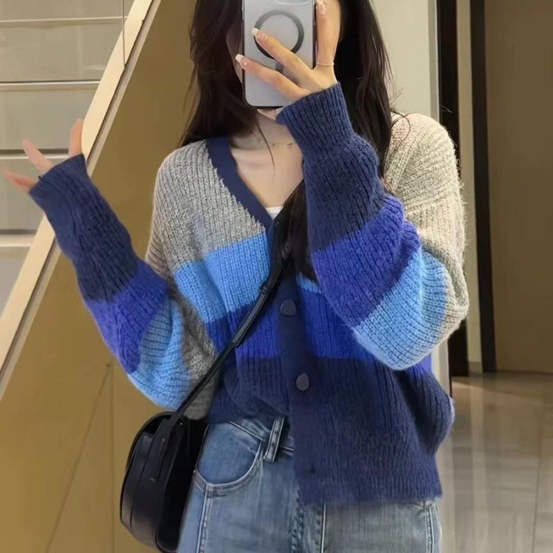 

Женский вязаный кардиган в полоску с цветовой блокировкой, новый осенне-зимний короткий свободный ленивый свитер-жакет one size fits all синий