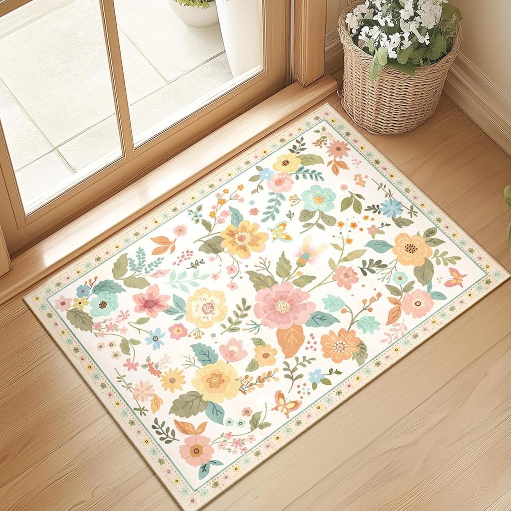 Crystal velvet carpetFloral  Area Rug Machine Washable Soft Print Boho Carpet Non Slip Doormat Low Pile Flower Area Rugs for