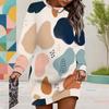 Damen Übergröße Abstrakt Bedrucktes Rundhals Langarm Gerippte Bündchen Mini Sweatshirt Kleid
