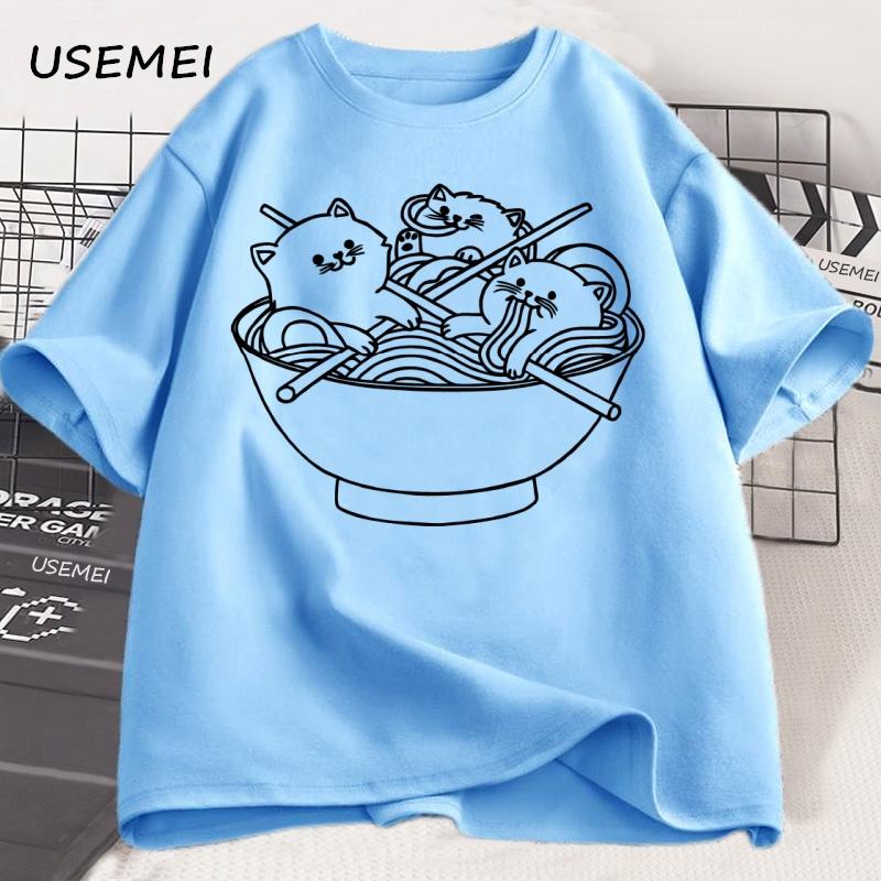 Japanese Style Cat Ramen T-Shirt Cotton Short Sleeve Kawaii Anime Tshirt Ramen Kitten Graphic Tees Cute Food Tee Shirt Clothes