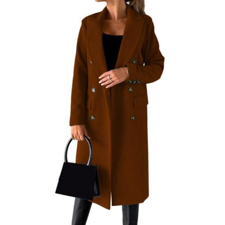 Women Thermal Woolen Overcoat Mid Length Double Breasted Turn Down Collar Solid Color Long Sleeved Jacket for Commuting Dating Spring Fall and Winter