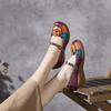 Johnature Vintage Flower Colour Wedges Sandals Genuine Leather Handmade Ethnic Style Comfortable Women Shoes