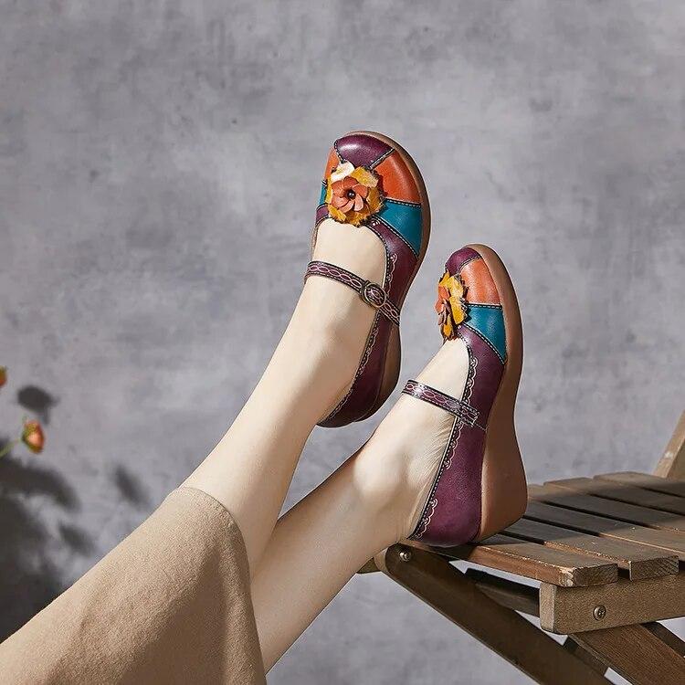 Johnature Vintage Flower Colour Wedges Sandals Genuine Leather Handmade Ethnic Style Comfortable Women Shoes