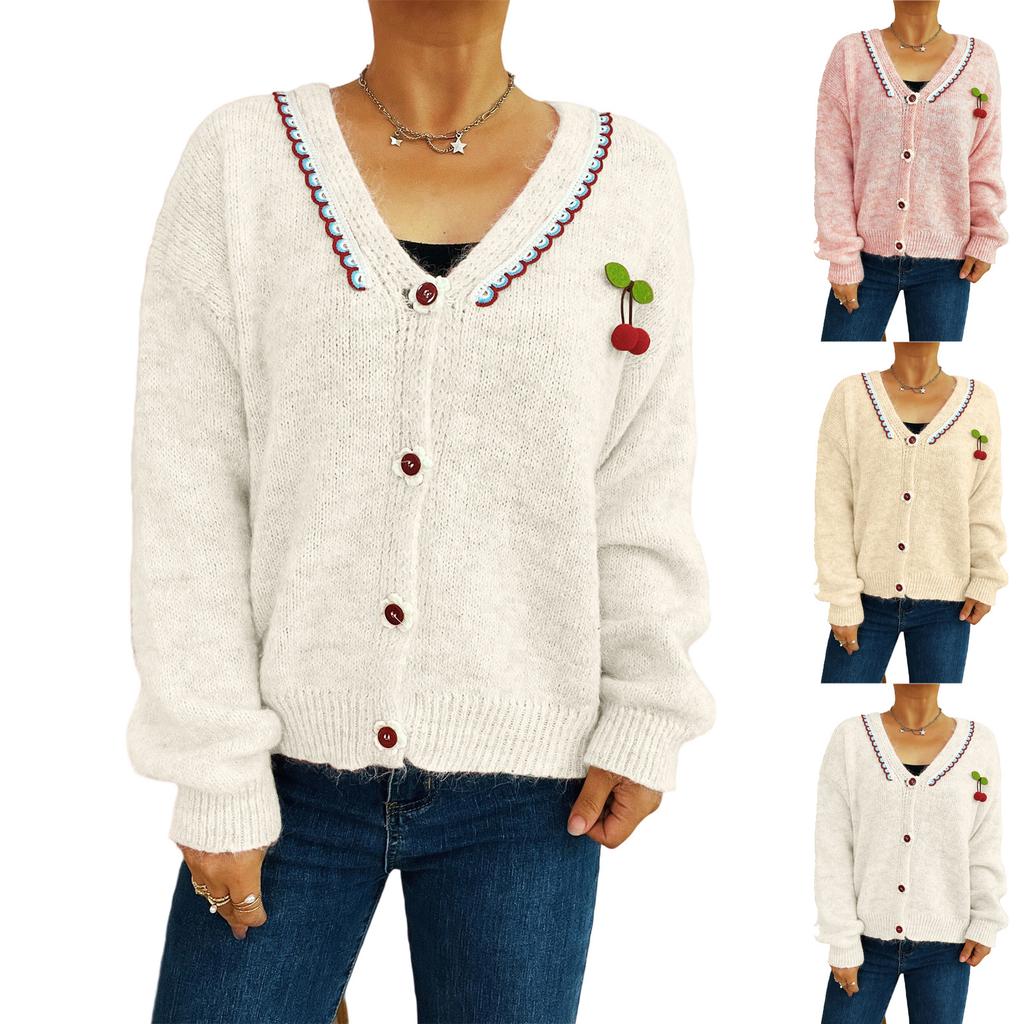 Women's Fashionable Casual Cute Wave V-neck Decoration Flower Button Knit Cardigan Sweater Jacket