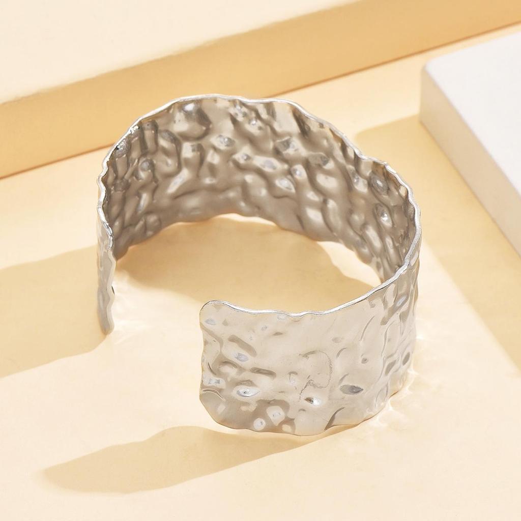 Women's Wide Hammered Texture C-Shaped Stainless Steel Bangle Bracelet