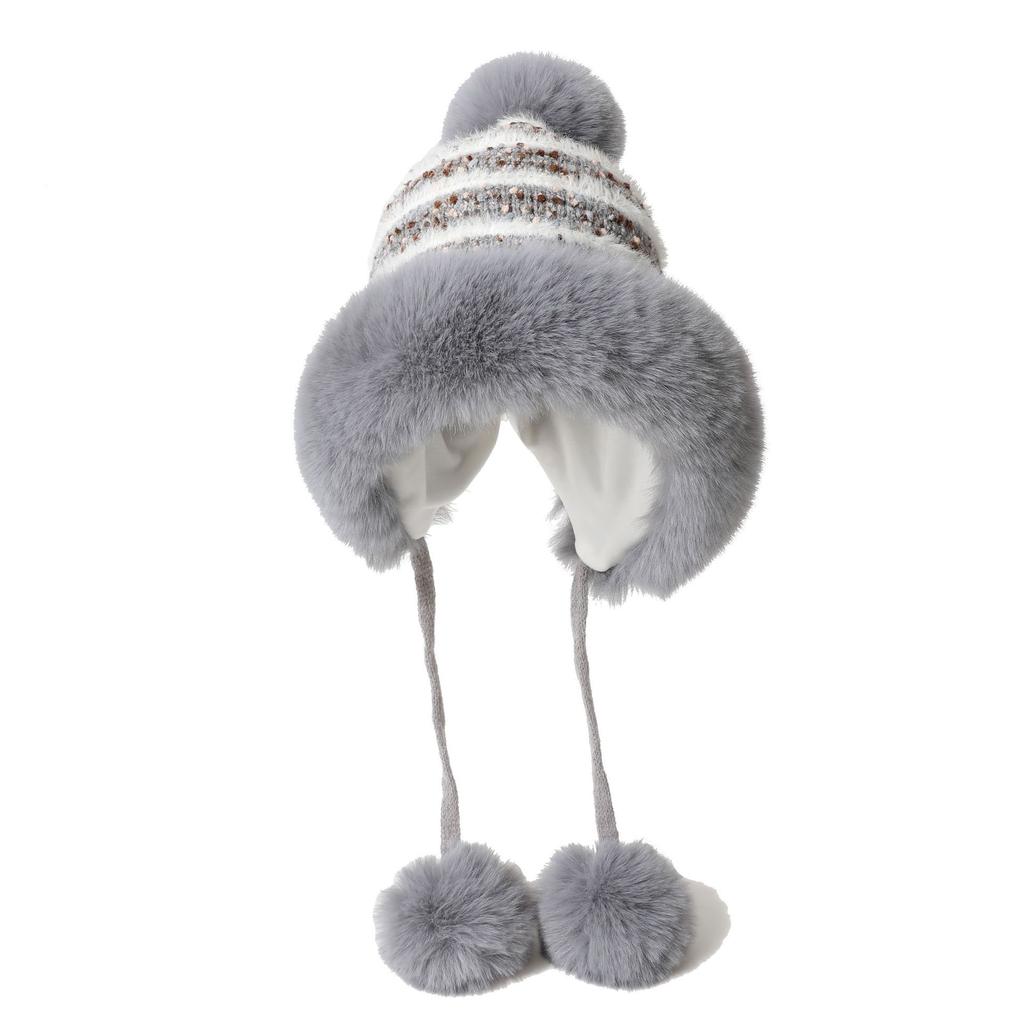 Autumn and Winter Cute Bear Fur Ball Plush Knitted Hat for Women Korean Style Ins Thickened Warm Ear Protection Cold Proof Woolen Hat