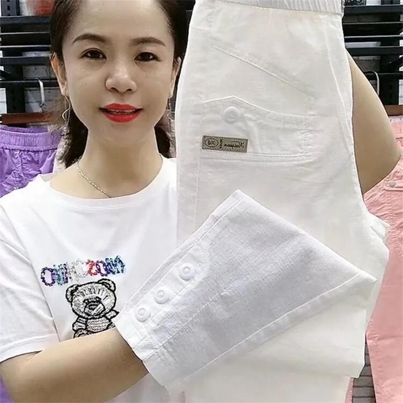 

Женские брюки с высокой талией из хлопка и конопли, повседневные, облегающие, с высокой посадкой, женские свободные брюки-шаровары, женские брюки L