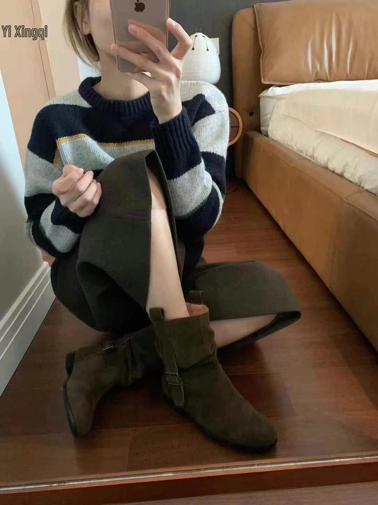 Vintage Cowhide Wrinkled Slouch Ankle Boots - Korean Style Western Cowboy Riding Boots for Women