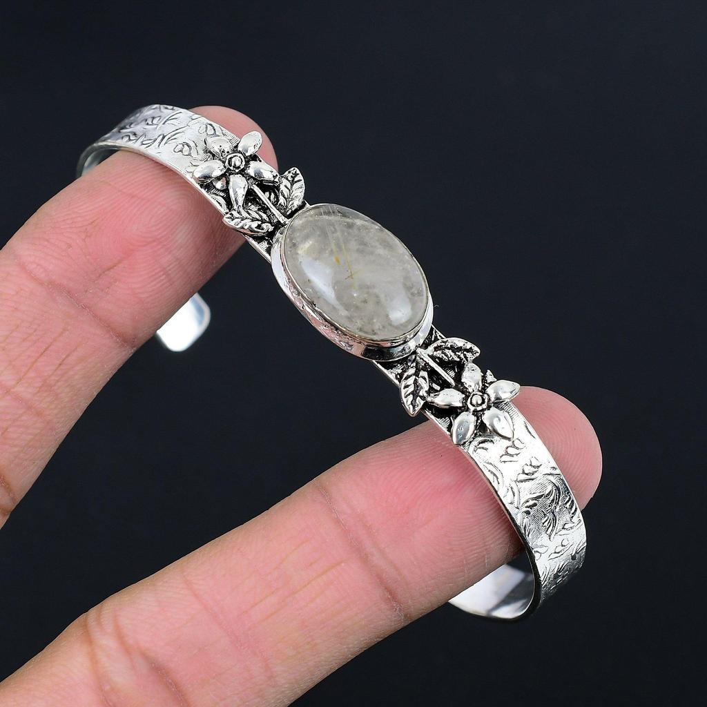 Halloween Sale 925 Sterling Silver Oval Golden Rutile Stone Sister Flower Bangle