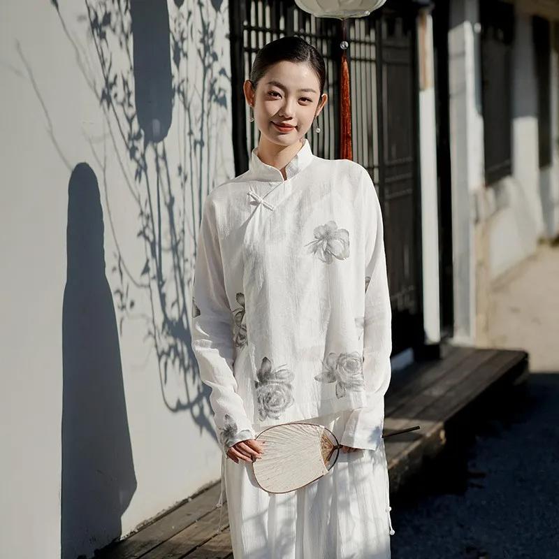 Johnature Women Vintage Stand Shirts Tops Long Sleeve Button Print Floral Blouses Spring Loose Casual Soft Shirts