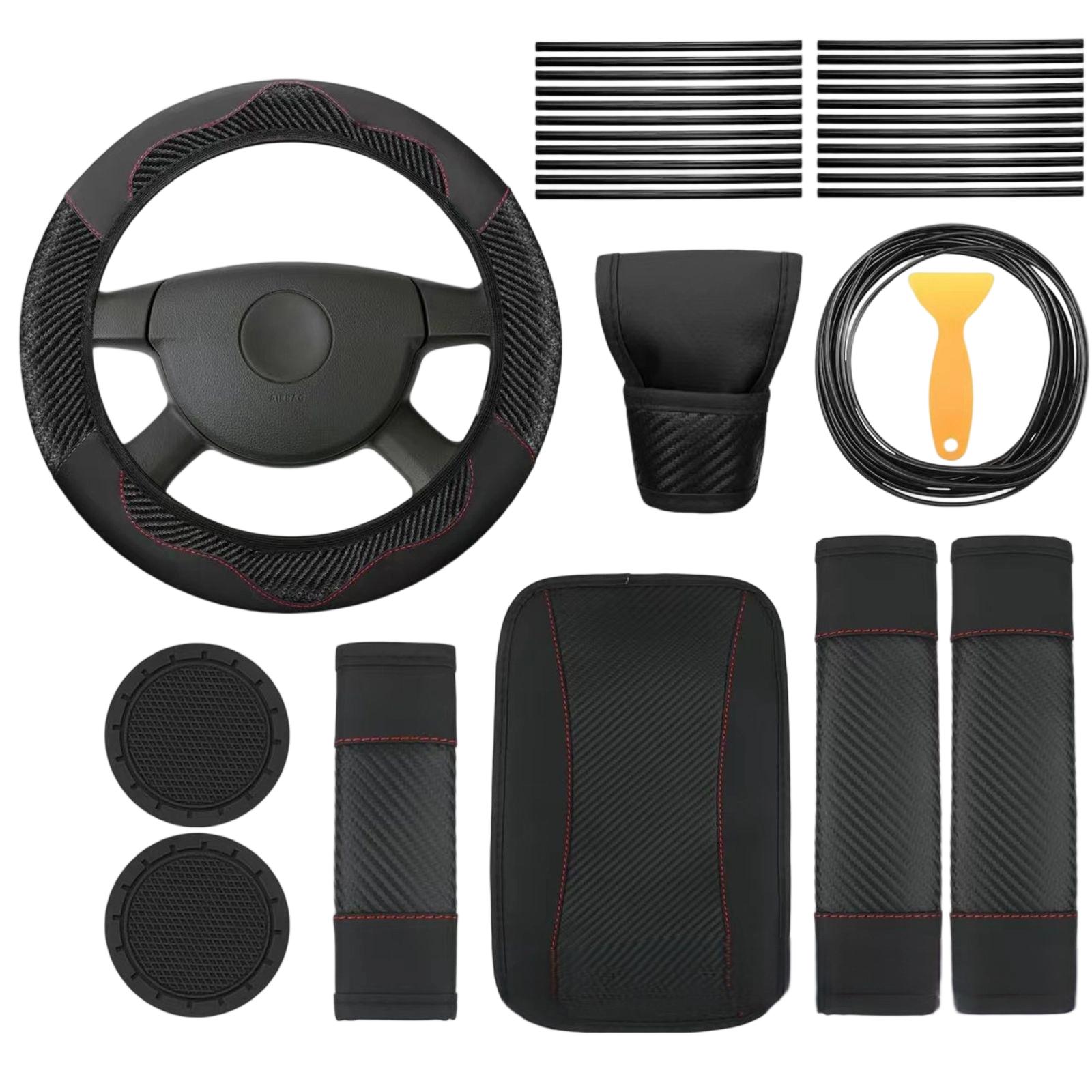 

30pc Car Steering Wheel Cover Gear Cover Handbrake Shoulder Guard Armrest Box Mat Line One Size