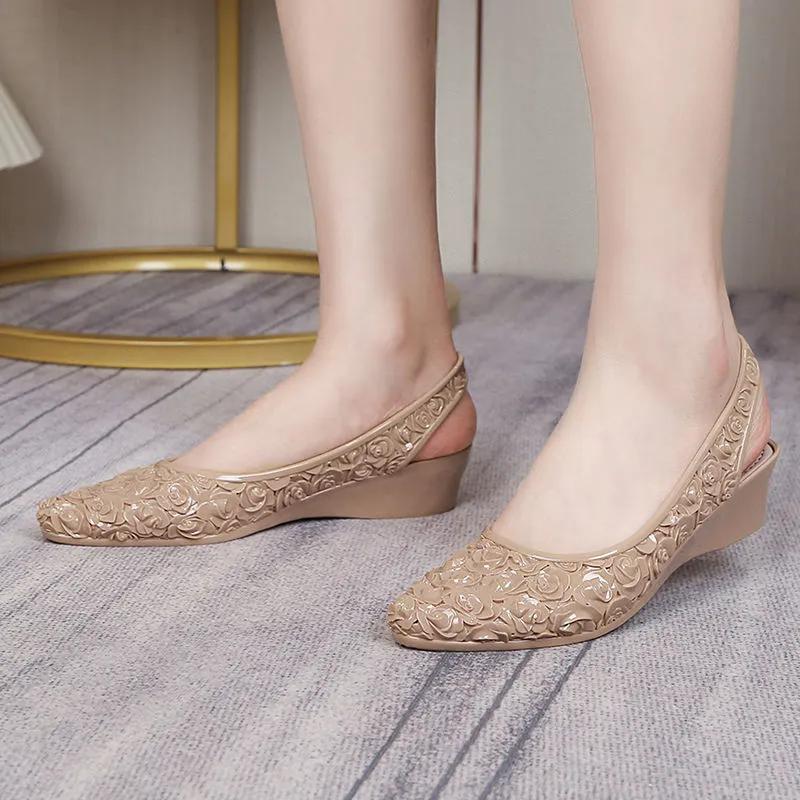 WTEMPO Pointed Toe Flowers Large Size Solid Color Casual Shoes Women PVC Waterproof Non-slip Soft Low Thick Heel Work Single Shoes