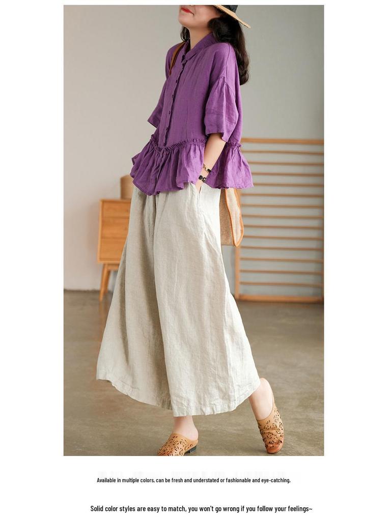 2022 Summer Plus Size Cotton Linen Wide-Leg Casual Pants - Breathable, Slimming, Artistic Design