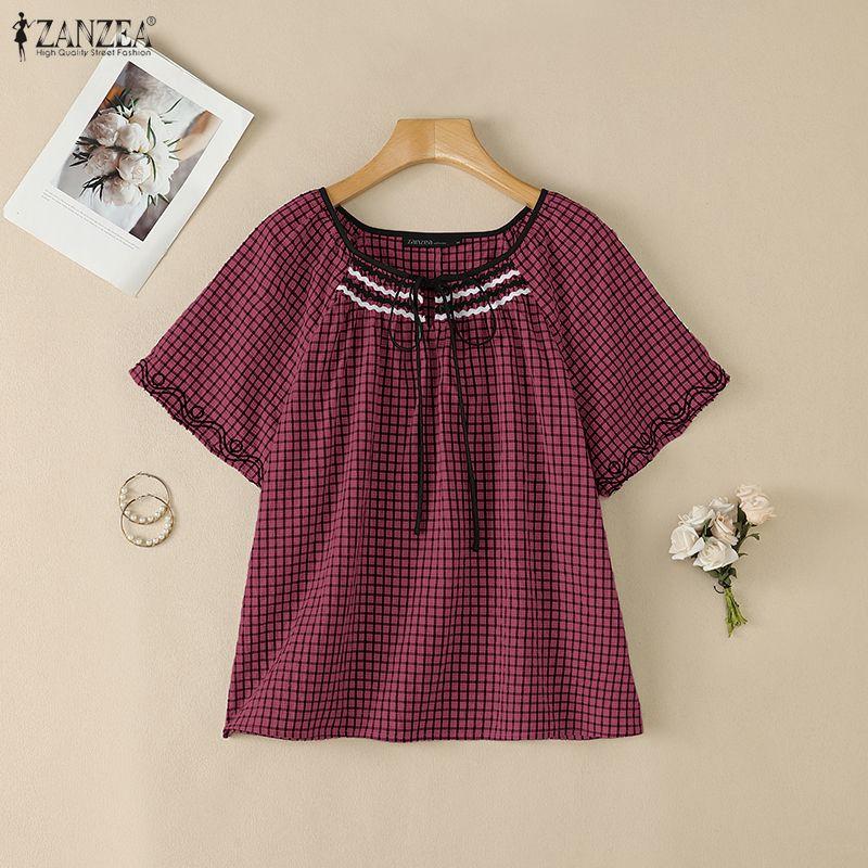ZANZEA Women Plaid Print Summer Casual Round Neck Short Sleeve Blouse