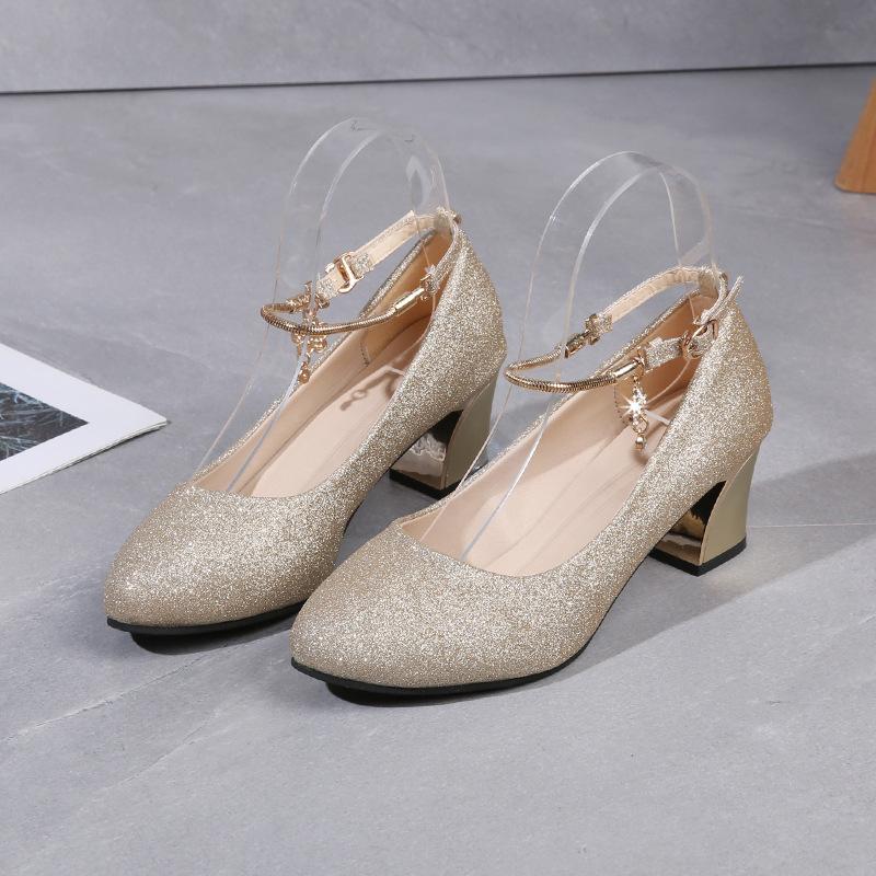 Mom Shoes Thick Heel Medium Heel Shallow Mouth Women's Single Shoes Spring New Women's One-word Buckle Fashionable Metal Decorative Women's Shoes