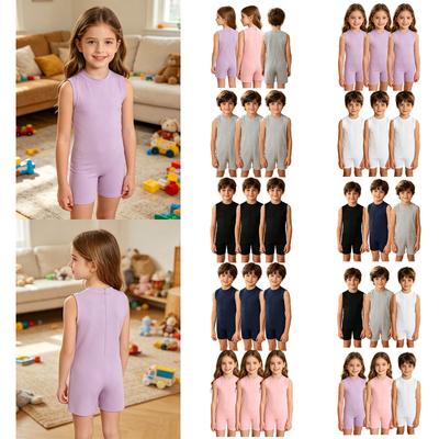 3Pcs Kids Special Needs Adaptive Jumpsuit Round Neck Sleeveless Back Invisible Zipper Solid Color for Easy Dressing Daily Care