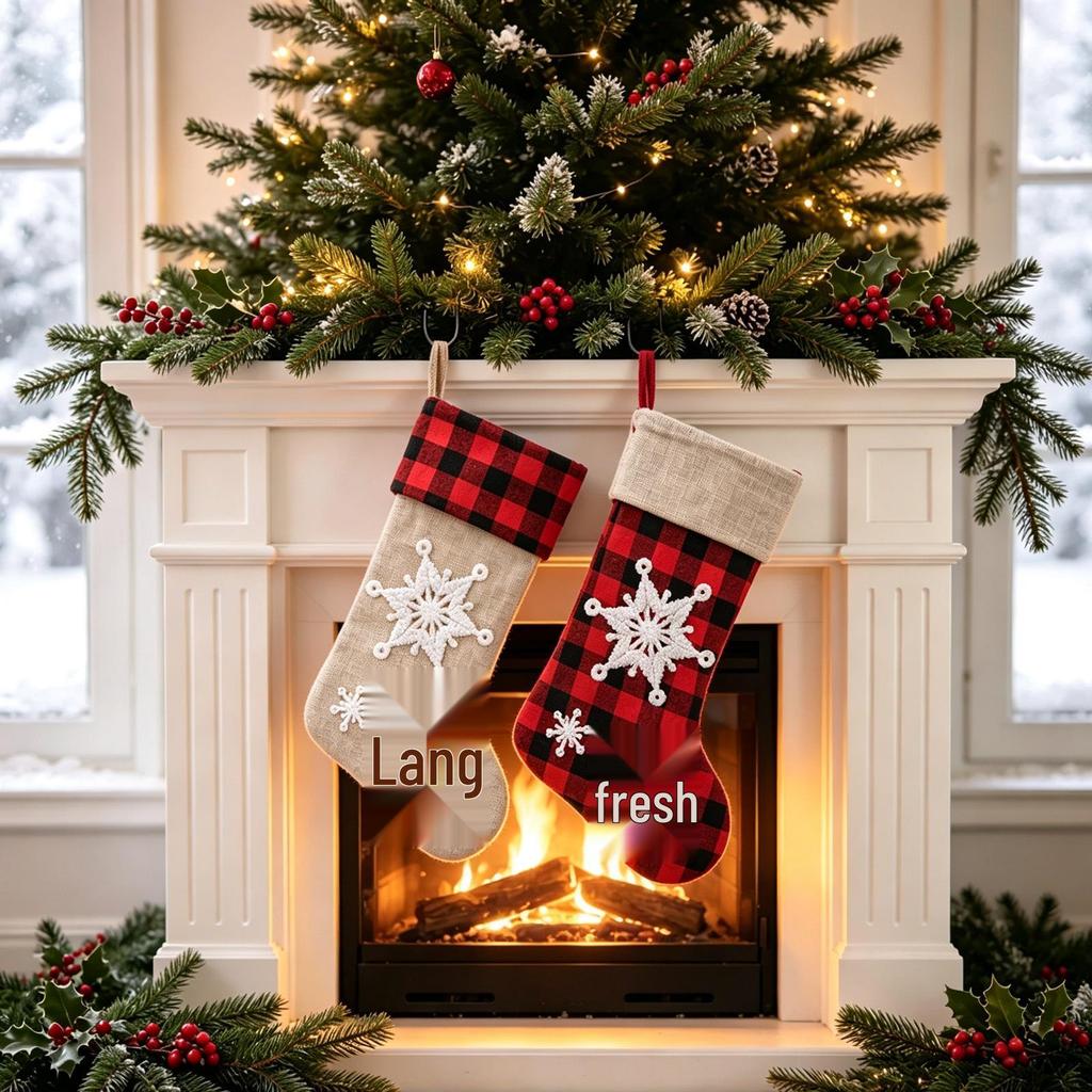 Plaid Christmas Stocking with Embroidery - Children's Gift Bag & Festive Decoration