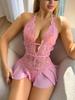 Pink Hanging Neck Lingerie Adult Erotic Costume Deep V Crotchless Woman Underwear Sex Night Open Dress Bodysuit Sexy Jumpsuit