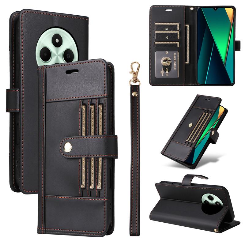 Skórzane etui portfelowe typu clamshell dla Xiaomi Redmi 14C 4G 5G 13C 12C 11A, etui z klapką all-inclusive, biznesowe, zewnętrzne, 6 przegródek na karty