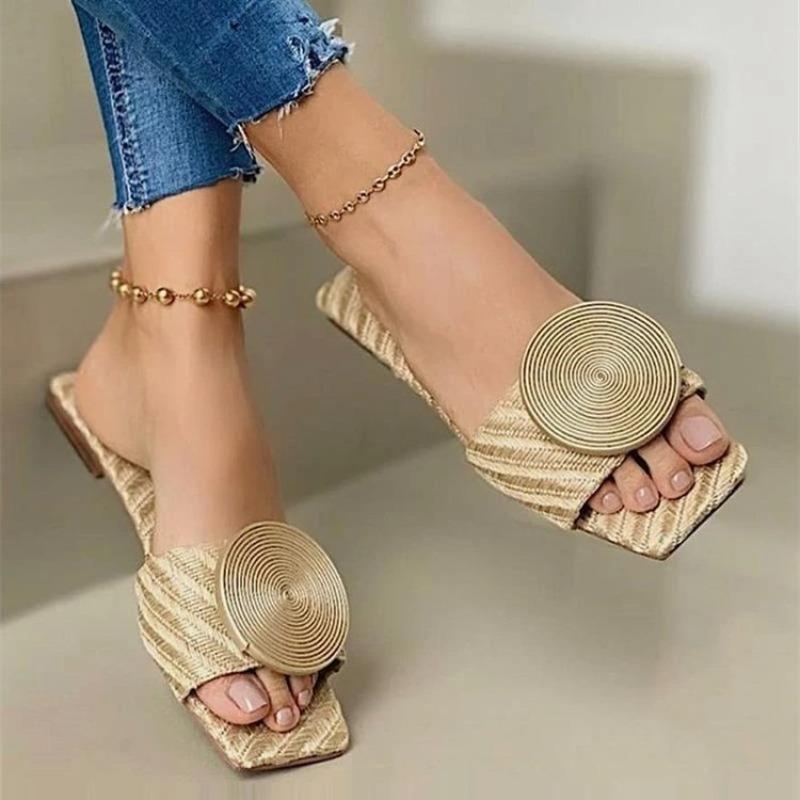 Damen Übergröße Flache Sandalen mit runder Schnalle,