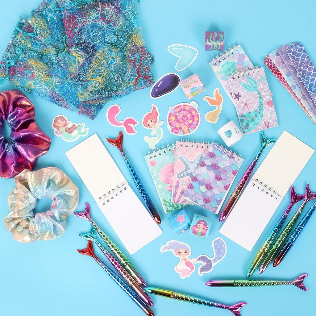 LiYiQ 110 PCS Mermaid Birthday Party Gifts Include 12 Pen 12 Notepad 12 Shiny Metallic Scrunchies 12 Gift Bag 50 Sticker Classroom Reward Gift Prizes
