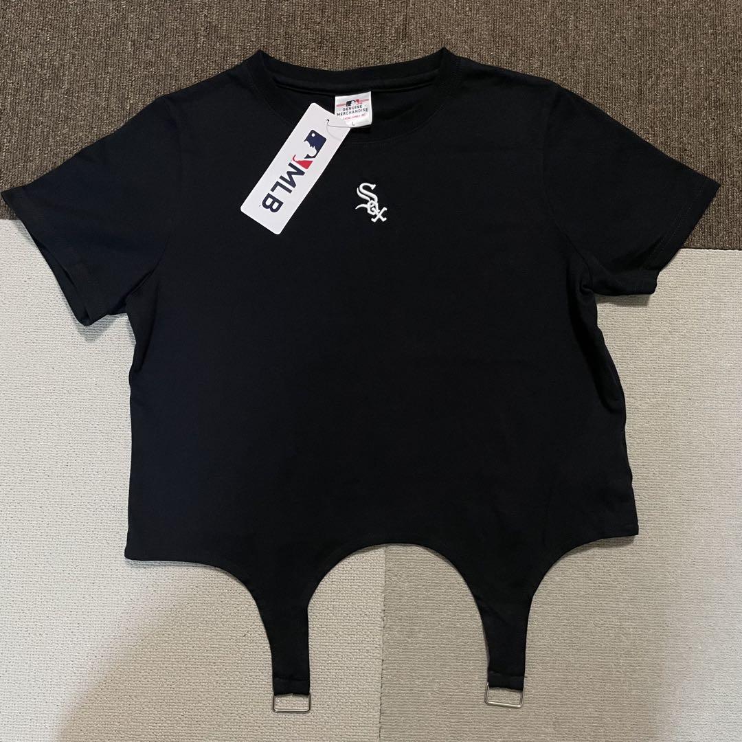 

[Б/У] Футболка с подвязками MLB, Короткая длина, Подол с пряжкой, Асимметричная, Y2K, Черная, Корейская