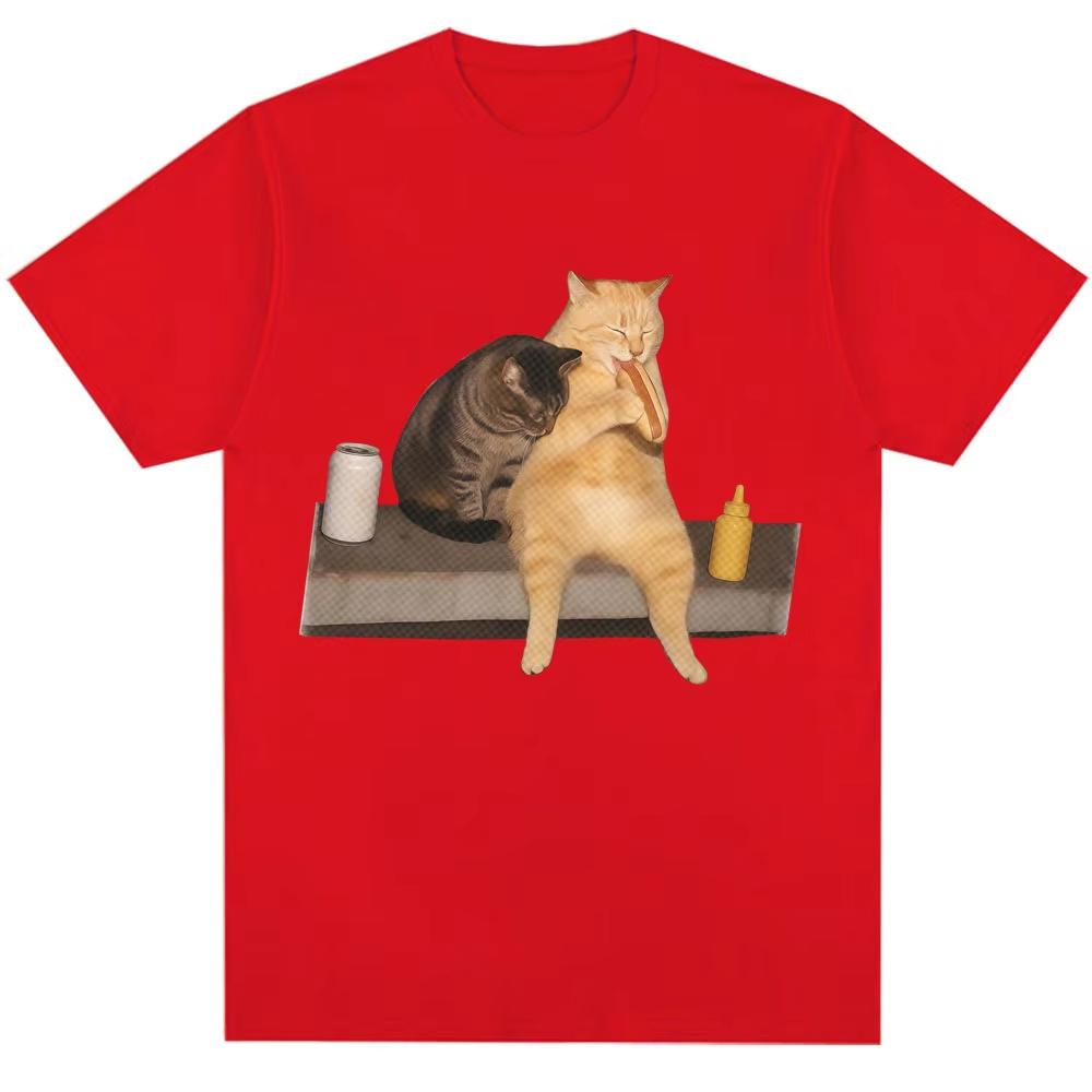 2026 SpringSummer Funny Cat Eating Hot Dog Emoticon Pack Fashion Retro Casual Cute TShirt Streetwear Y2K