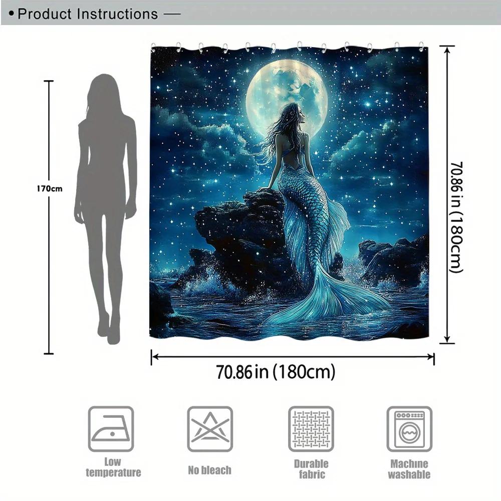 Ethereal Mermaid Under Full Moon Shower Curtain - Shimmering Turquoise Tail, Starry Night & Ocean Waves, Dreamy Fantasy Art