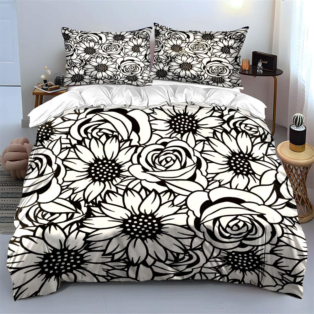 Black and White Floral Pattern Print Bedding Set 1 Duvet Cover 2 Pillowcases for Adult and Children Luxury Gift Full Size