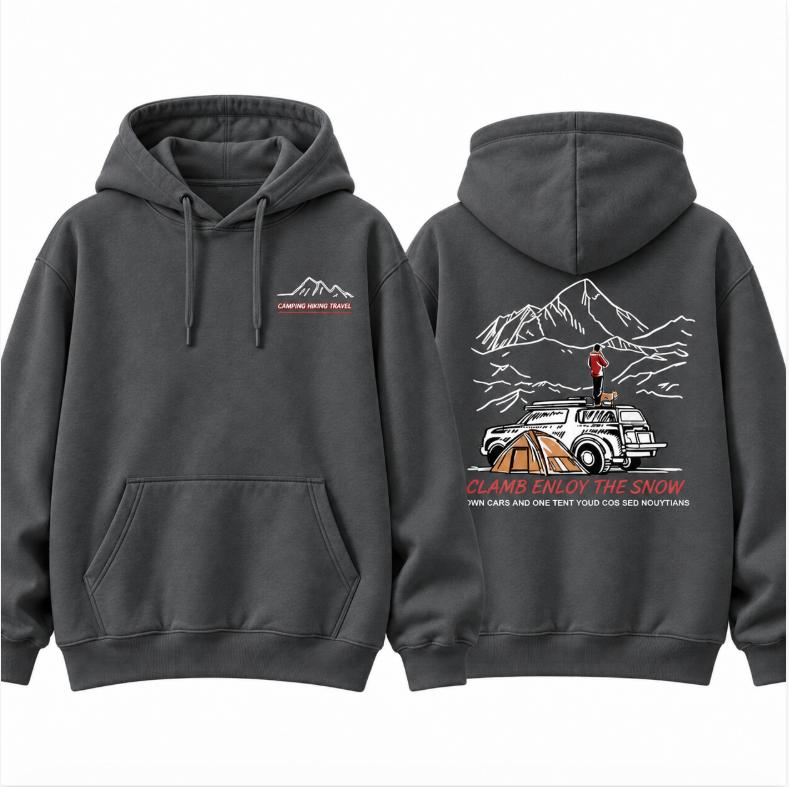 Unisex Camping Mountain Graphic Hoodie, Front and Back Print Outdoor Hiking Travel Hooded Sweatshirt, Casual Street Pullover Top