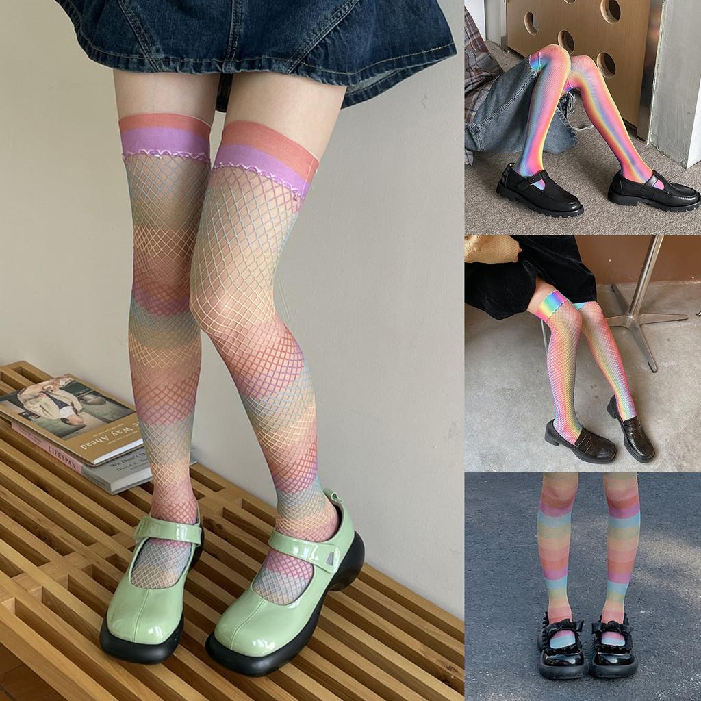 Fischernetz-Oberschenkelstrümpfe, Netz-Überkniestrümpfe Lingerie, Bunte Lange Socken Damenstrumpfhosen