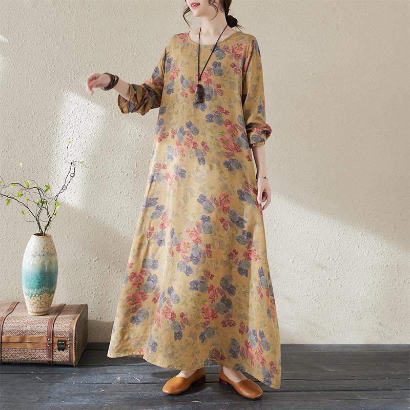 Spring Cotton Vintage Long Sleeve Print Dresses For Women Casual Loose Dress Femme Robe Vestidos Elegant Clothing