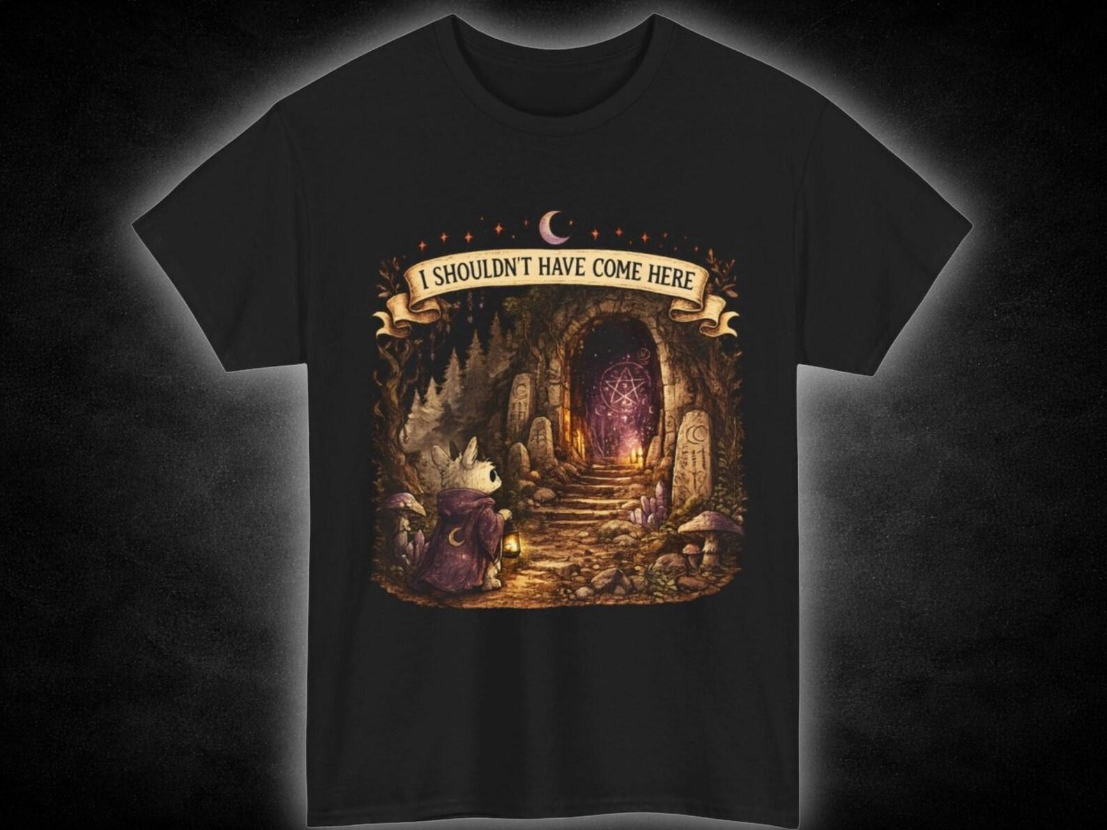 I Shouldn t Have Come Here tee | fantasy forest cave, mushroom path, whimsical night scene M