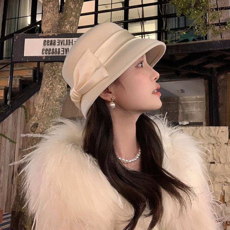 Top Hat Autumn and Winter Australian Woolen Flat Top Bow Fisherman Hat Autumn and Winter Elegant Basin Hat